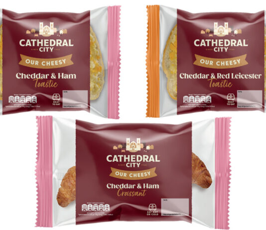 Cathedral City rolls out new on the go meals Pack shots of Cathedral City on-the-go range including Cheddar & Ham Toastie, Cheddar & Red Leicester Cheese Toastie and Cheddar & Ham Croissant.