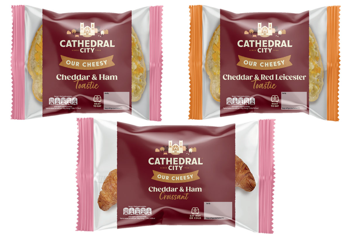 Pack shots of Cathedral City on-the-go range including Cheddar & Ham Toastie, Cheddar & Red Leicester Cheese Toastie and Cheddar & Ham Croissant. 