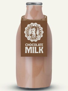 Pack shot of a Mossgiel Dairy Farm Chocolate Milk bottle.