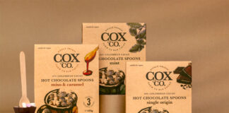 Packs of Cox & Co Hot Chocolate Spoons including Miso & Caramel, Mint and Single Origin flavours.