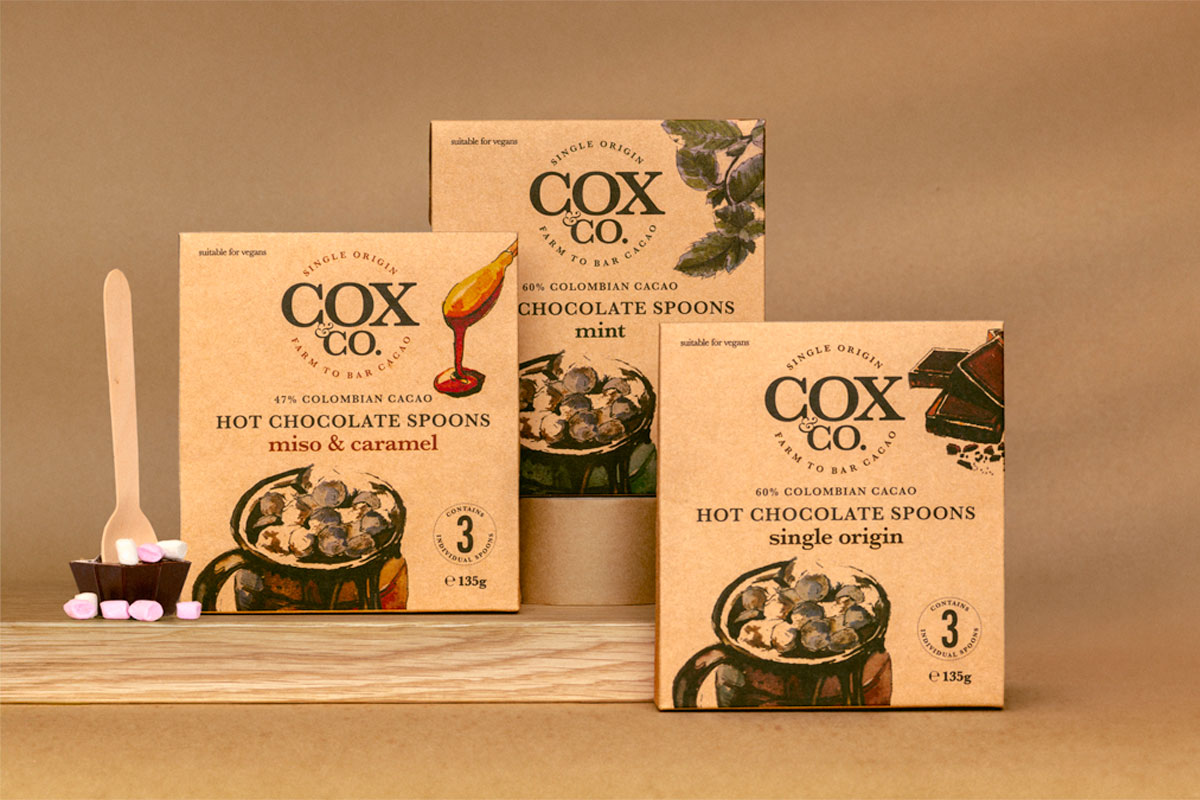 Packs of Cox & Co Hot Chocolate Spoons including Miso & Caramel, Mint and Single Origin flavours.