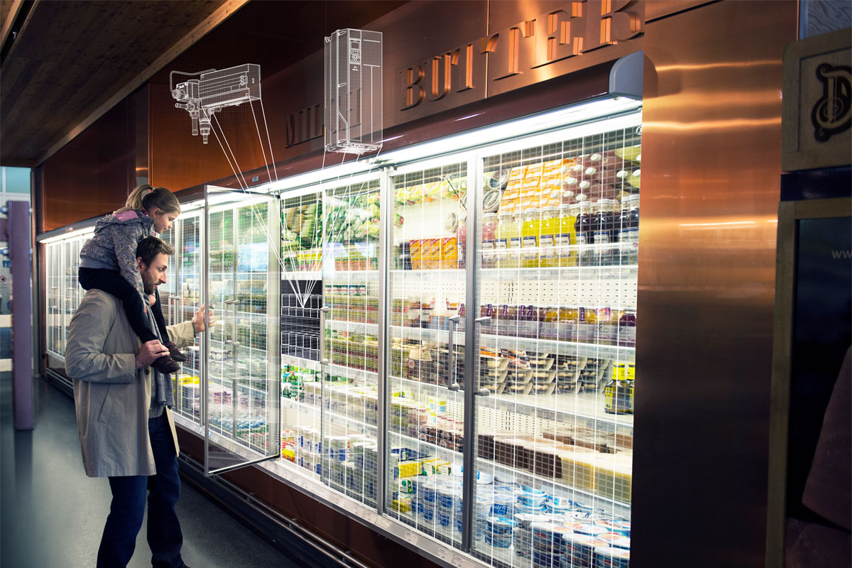 Digital mock up of refrigerator units in a store from Danfoss.