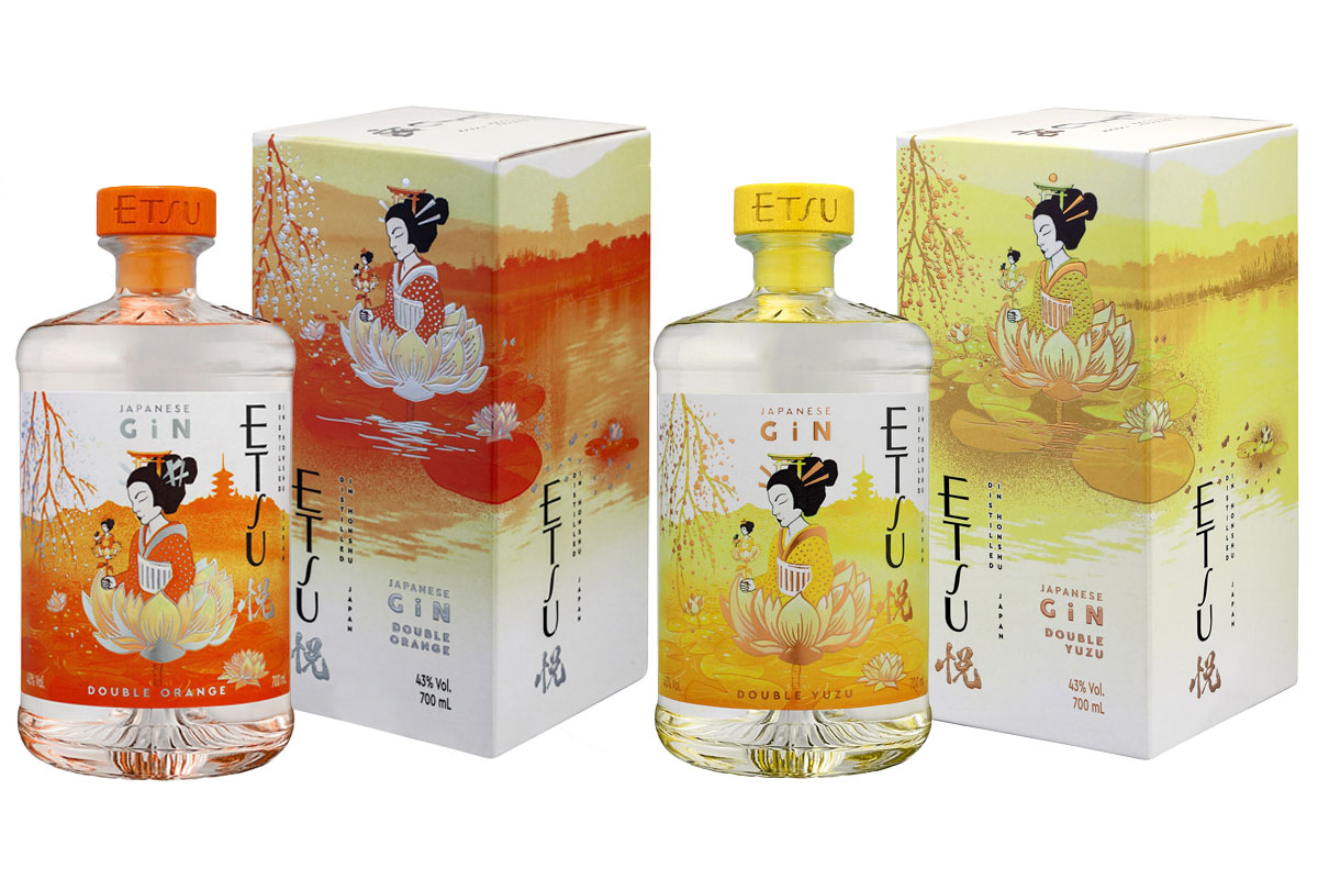 Pack shots of Etsu Orange Gin and Etsu Yuzu Gin with the bottle sitting outside the packaging.