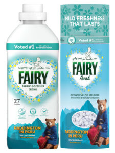 Pack shots of collaboration between Fairy Non Bio and Paddington in Peru including Fairy Fabric Softener and Fairy In-Wash Scent Booster.