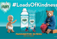 Promotional image of the collaboration between Fairy Non Bio and Paddington in Peru, featuring new limited edition packs with the Paddington character and Fairy Baby character with text that reads #LoadsOfKindness.