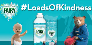 Promotional image of the collaboration between Fairy Non Bio and Paddington in Peru, featuring new limited edition packs with the Paddington character and Fairy Baby character with text that reads #LoadsOfKindness.