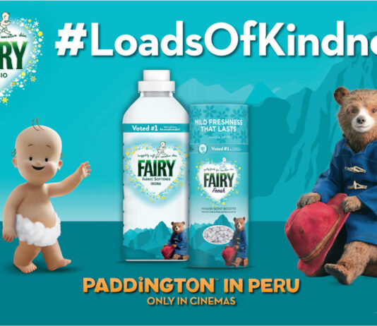 Fairy cleans up with Paddington Promotional image of the collaboration between Fairy Non Bio and Paddington in Peru, featuring new limited edition packs with the Paddington character and Fairy Baby character with text that reads #LoadsOfKindness.
