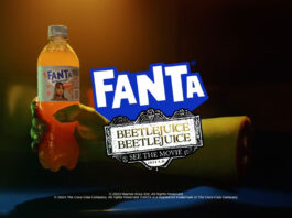 Fanta on tracks for new Beetlejuice ad Advert for Fanta Beetlejuice Beetlejuice advert with a ghoulish hand holding a bottle of Fanta Zero with the Fanta logo and Beetlejuice Beetlejuice logo in front of the hand.