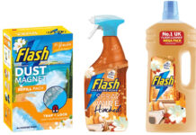 Pack shots of Flash cleaning products including Flash Dust Magnet Mrs Hinch Vacay Vibes, Flash Spray Wipe Hinched and Flash All-Purpose Cleaner Cosy Season.