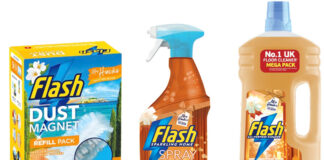 Pack shots of Flash cleaning products including Flash Dust Magnet Mrs Hinch Vacay Vibes, Flash Spray Wipe Hinched and Flash All-Purpose Cleaner Cosy Season.