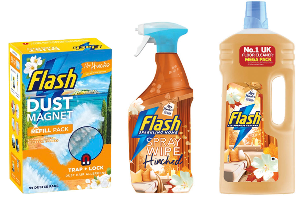 Pack shots of Flash cleaning products including Flash Dust Magnet Mrs Hinch Vacay Vibes, Flash Spray Wipe Hinched and Flash All-Purpose Cleaner Cosy Season.