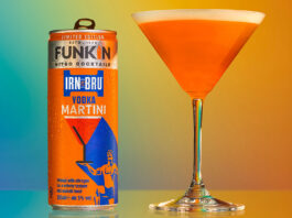 Life style image of a Funkin Cocktails Irn-Bru Vodka Martini can with the drink served in a martini glass next to it.