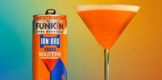 Life style image of a Funkin Cocktails Irn-Bru Vodka Martini can with the drink served in a martini glass next to it.