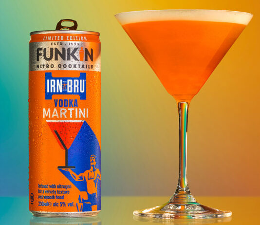 Funkin and Irn-Bru partner on new cocktail Life style image of a Funkin Cocktails Irn-Bru Vodka Martini can with the drink served in a martini glass next to it.
