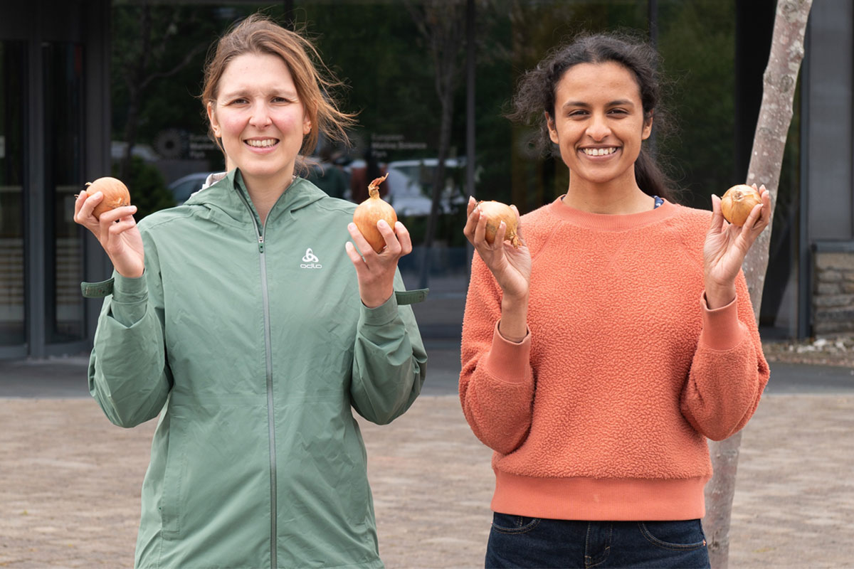 Two people stand holding onions in front of a building.