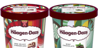 Pack shots of Häagen-Dazs ice cream including Red Velvet Cheesecake and Mint Chocolate variants.