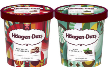 Pack shots of Häagen-Dazs ice cream including Red Velvet Cheesecake and Mint Chocolate variants.