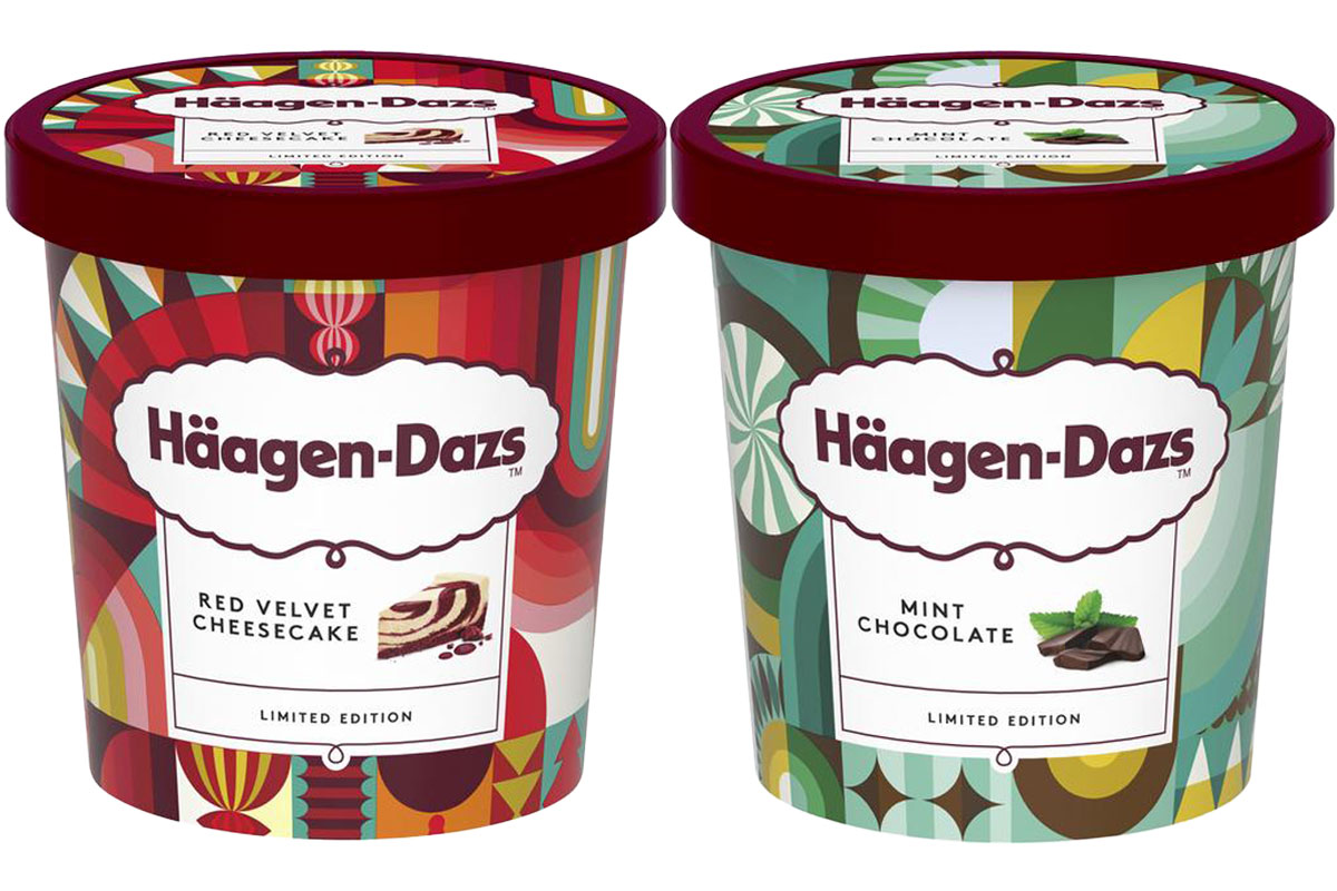 Pack shots of Häagen-Dazs ice cream including Red Velvet Cheesecake and Mint Chocolate variants.