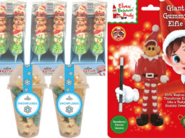 Hancocks unveils Christmas sweets range Pack shots of Elves Behavin' Badly Giant Gummy Elfie, Bonds of London Snowflakes and Candy Realms Mallow Pops.
