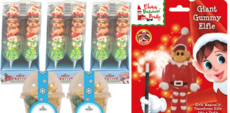 Pack shots of Elves Behavin' Badly Giant Gummy Elfie, Bonds of London Snowflakes and Candy Realms Mallow Pops.