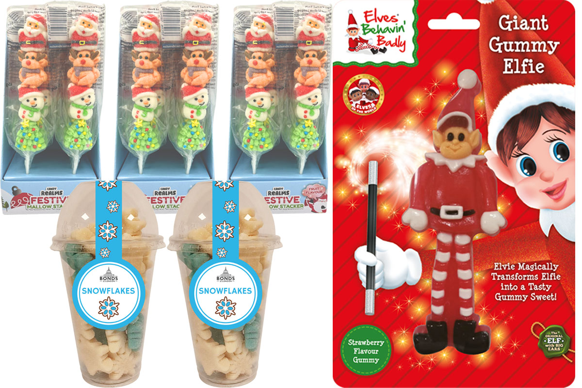 Pack shots of Elves Behavin' Badly Giant Gummy Elfie, Bonds of London Snowflakes and Candy Realms Mallow Pops.