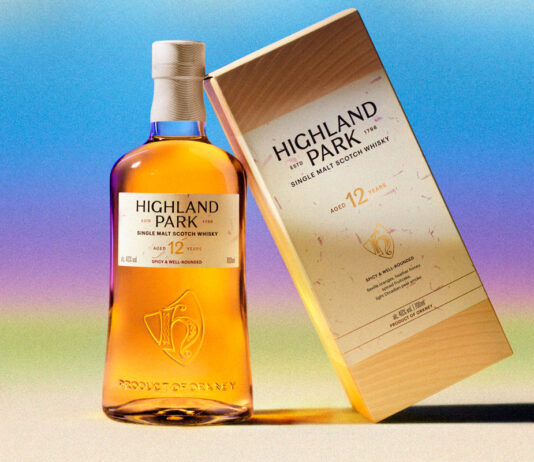 Highland Park unveils a new design A bottle of the new look for Highland Park stands next to the new packaging design for the box with a colour gradient background.