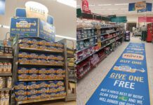 Images of promotions in Morrisons stores for the collaboration between the supermarket, Hovis and FareShare including end of aisle displays and a store floor layout.