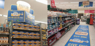 Images of promotions in Morrisons stores for the collaboration between the supermarket, Hovis and FareShare including end of aisle displays and a store floor layout.