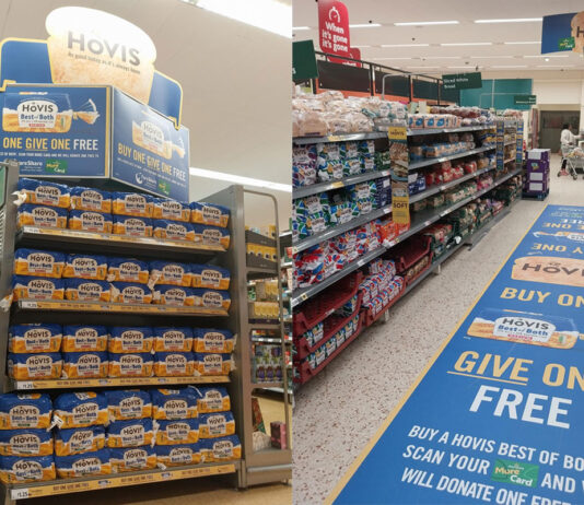 Hovis teams up with Morrisons and FareShare Images of promotions in Morrisons stores for the collaboration between the supermarket, Hovis and FareShare including end of aisle displays and a store floor layout.