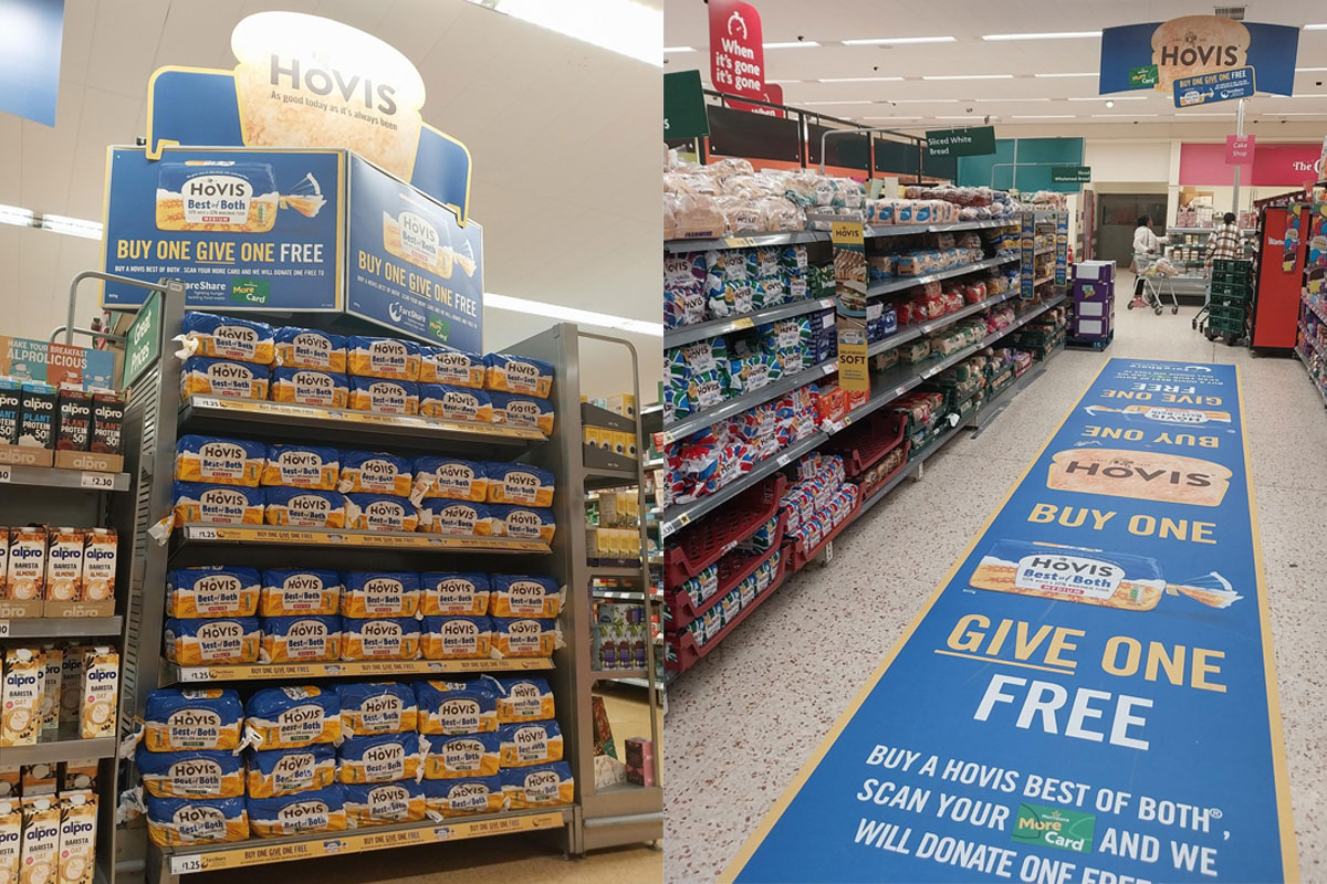 Images of promotions in Morrisons stores for the collaboration between the supermarket, Hovis and FareShare including end of aisle displays and a store floor layout.