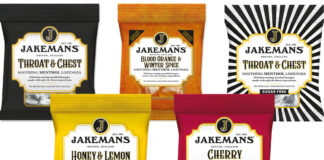 Pack shots of the Jakemans Throat Lozenges range including Throat & Chest, Blood Orange & Winter Spice, Throat & Chest Sugar Free, Honey & Lemon and Cherry.