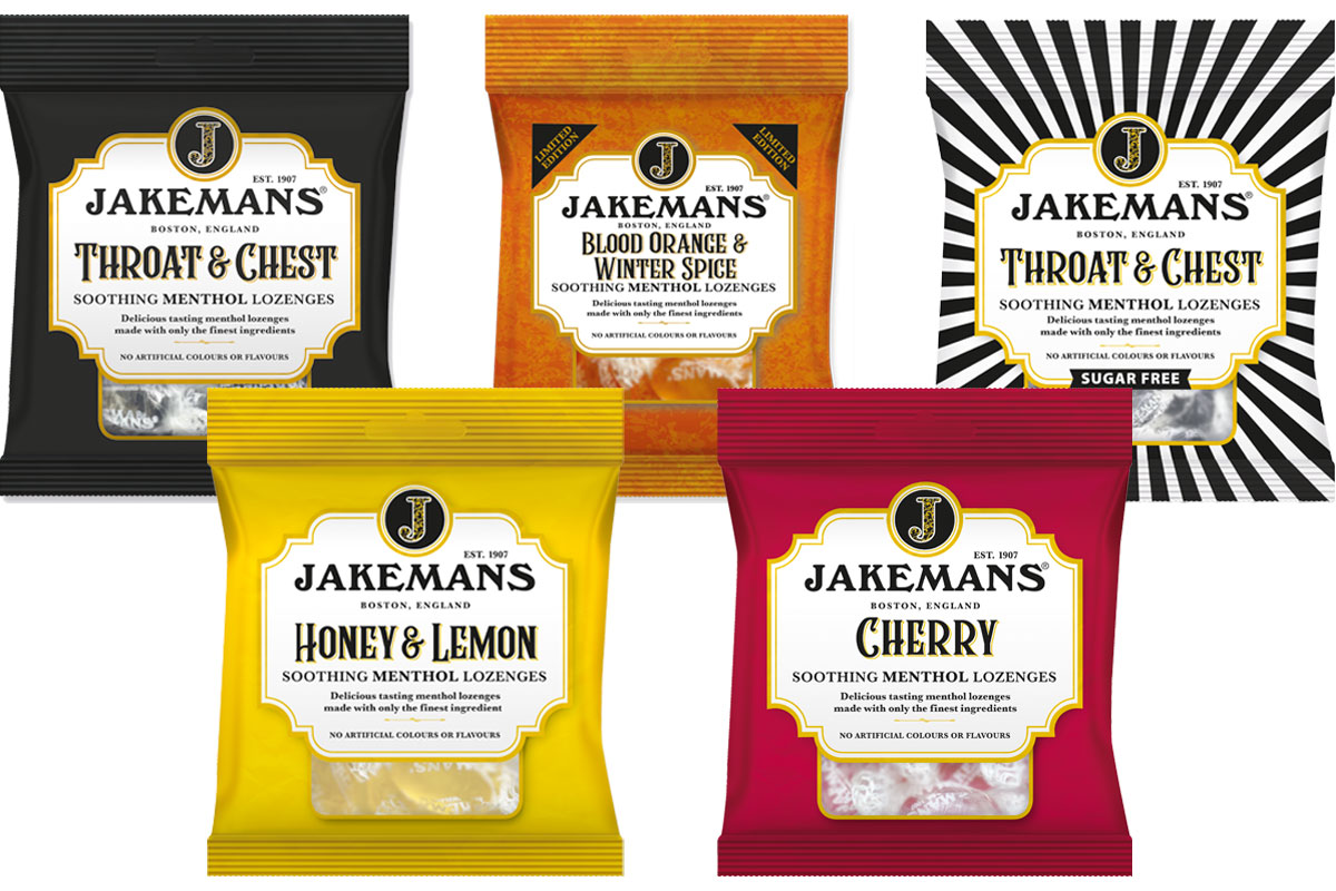 Pack shots of the Jakemans Throat Lozenges range including Throat & Chest, Blood Orange & Winter Spice, Throat & Chest Sugar Free, Honey & Lemon and Cherry.