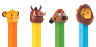 Pack shots of Lion King PEZ dispensers including characters from the movie with Simba, Pumba, Timon and Mufasa.