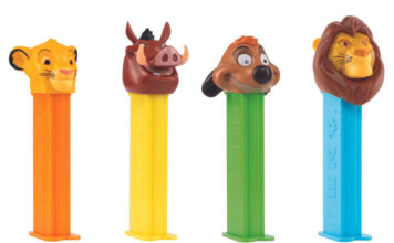 Pack shots of Lion King PEZ dispensers including characters from the movie with Simba, Pumba, Timon and Mufasa.