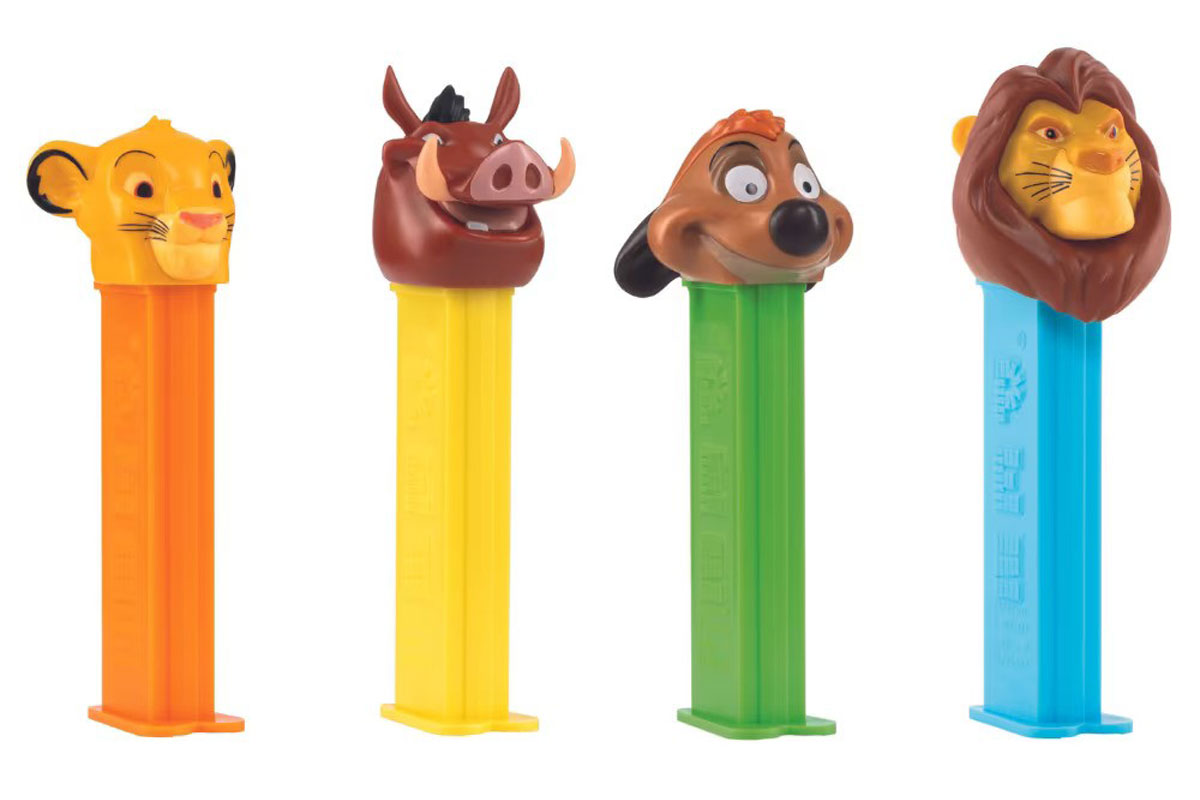 Pack shots of Lion King PEZ dispensers including characters from the movie with Simba, Pumbaa, Timon and Mufasa.