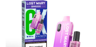 Pack shot of Lost Mary BM6000 Blueberry Sour Raspberry device.