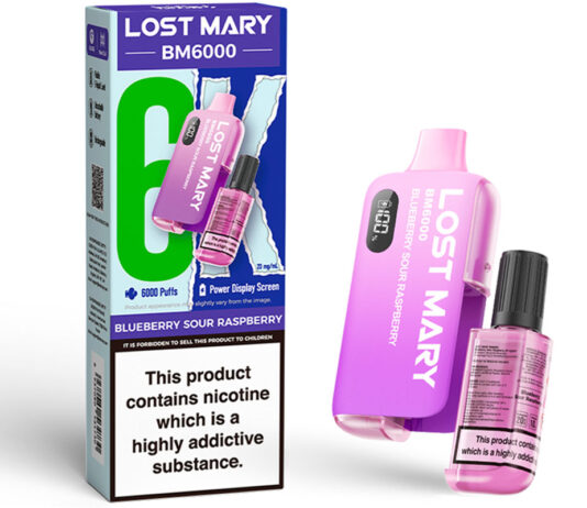 Lost Mary launches first high puff vape device Pack shot of Lost Mary BM6000 Blueberry Sour Raspberry device.