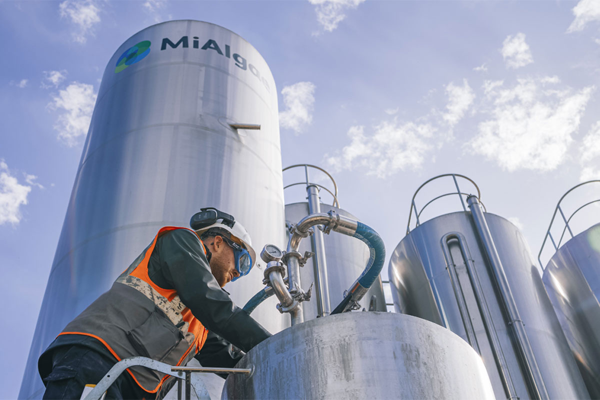 A person working at a silo at the MiAlgae production facility.