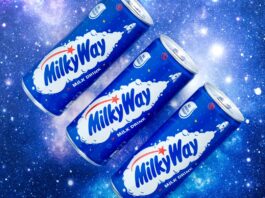 Milky Way expands in milk drinks Promotional image of Mily Way Milk Drinks cans with three of the cans against a starry background.