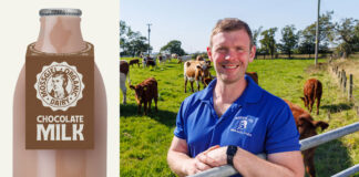 Bryce Cunningham, founder of Mossgiel Farm, stands in a field with cows behind him with a pack shot of a Mossgiel Dairy Farm Chocolate Milk bottle.