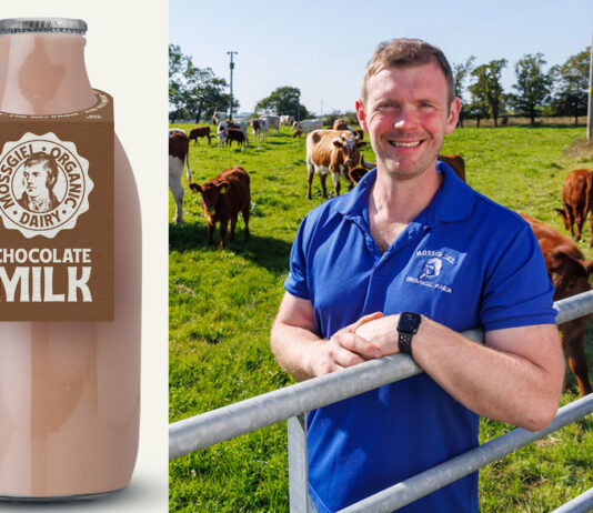 Mossgiel Farm launches zero-waste Chocolate Milk Bryce Cunningham, founder of Mossgiel Farm, stands in a field with cows behind him with a pack shot of a Mossgiel Dairy Farm Chocolate Milk bottle.