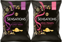 Pack shots of Walkers Sensations Prawn Marie Rose and Honey Glazed Ham crisps.