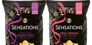 Pack shots of Walkers Sensations Prawn Marie Rose and Honey Glazed Ham crisps.