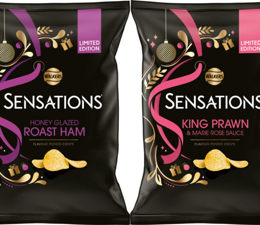 Walkers rolls out Christmas Sensations flavours Pack shots of Walkers Sensations Prawn Marie Rose and Honey Glazed Ham crisps.