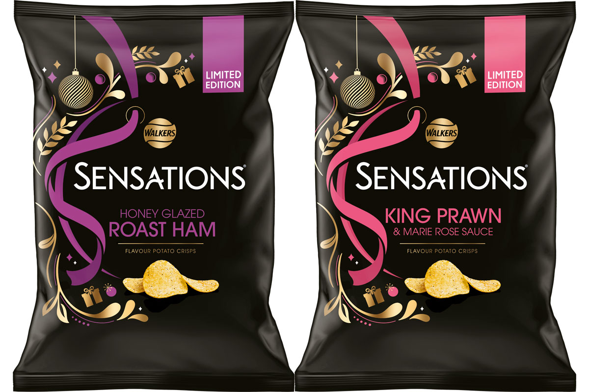 Pack shots of Walkers Sensations Prawn Marie Rose and Honey Glazed Ham crisps.