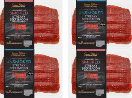 Pack shots of Simon Howie Smoked and Unsmoked Streaky Beef Bacon.