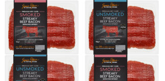 Pack shots of Simon Howie Smoked and Unsmoked Streaky Beef Bacon.