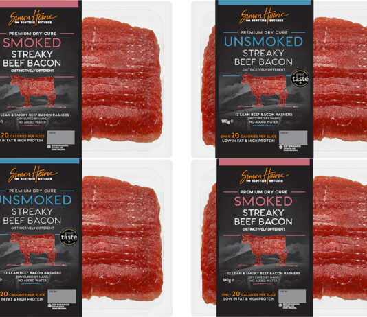 Simon Howie brings home the Beef Bacon Pack shots of Simon Howie Smoked and Unsmoked Streaky Beef Bacon.