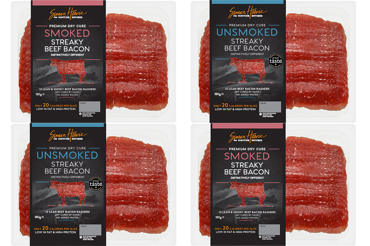 Pack shots of Simon Howie Smoked and Unsmoked Streaky Beef Bacon.