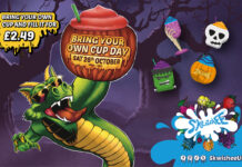 Promotional image of Skwishee Bring Your Own Cup Day 2024 featuring a dragon character holding a pumpkin filled with Skwishee with other Halloween characters.